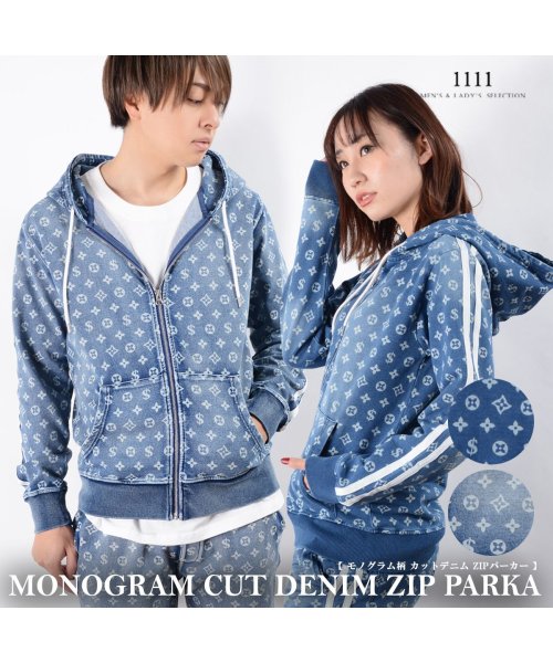 1111clothing(ワンフォークロージング)/◆モノグラム柄 カットデニム ZIPパーカー◆ ジップパーカー メンズ パーカー レディース ZIPパーカー メンズ カットデニム スウェットパーカー セットア/img01