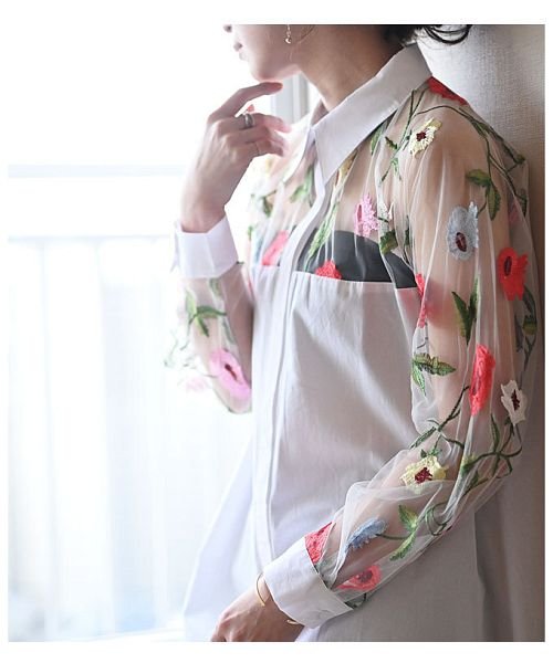 Sawa a la mode(サワアラモード)/チュール切替え花刺繍のシャツチュニック/img10