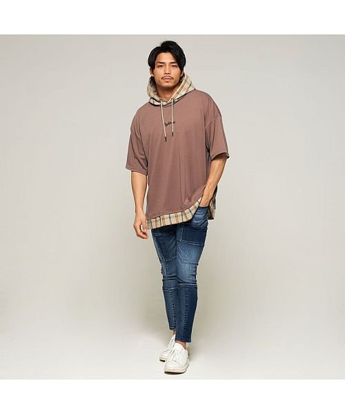 クーポン Cavaria チェック柄フェイクパーカークルーネック半袖tシャツ メンズ チェック柄 フェイク パーカー 重ね着 レイヤード風 B キャバリア Cavaria Magaseek