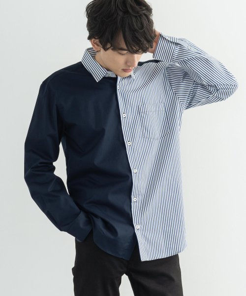 カジュアルシャツ 長袖 メンズ レディース 日本製 コットン 無地 ストライプ 綿 レギュラーカラー 国産 切替 シンプル ロング ラウンドカット 春 夏 秋 ロッキーモンロー Rocky Monroe Magaseek