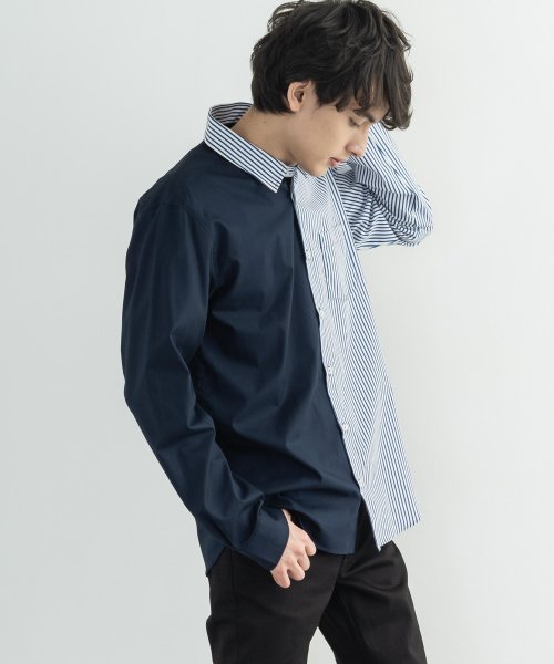 カジュアルシャツ 長袖 メンズ レディース 日本製 コットン 無地 ストライプ 綿 レギュラーカラー 国産 切替 シンプル ロング ラウンドカット 春 夏 秋 ロッキーモンロー Rocky Monroe Magaseek