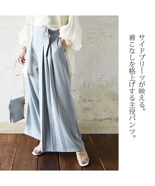 and it_(アンドイット)/パンツ　レディース ワイド カットジョーゼットサイドプリーツパンツ【M】【L】春夏 ボトムス グレージュ シナモンピンク ブルー モカ カーキ ブラック プリ―/img03