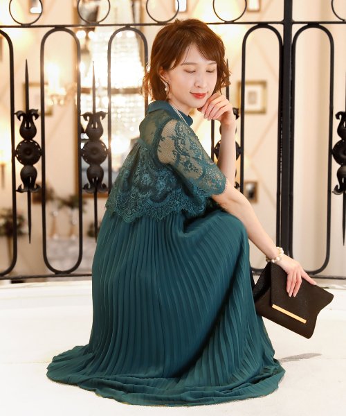 ハイネックドッキングプリーツドレス ロングスカート 結婚式ワンピース 二次会 謝恩会 セレモニー大きいサイズ対応フォーマルパーティードレス プールヴー Pourvous Magaseek