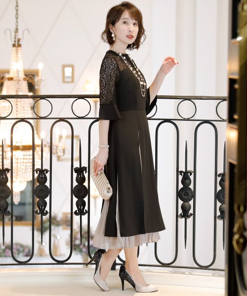 異素材切替ハイネックワンピース ロングスカート 結婚式ワンピース 同窓会 成人式 セレモニー大きいサイズ対応フォーマルパーティードレス プールヴー Pourvous Magaseek