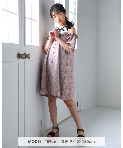 チェック柄 リボン 価格交渉ok送料無料 オープンショルダー ワンピース 130 160cm