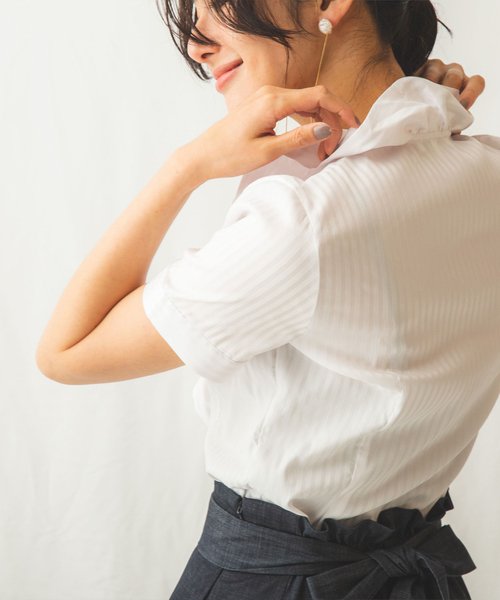 NARA CAMICIE(ナラカミーチェ)/サテンストライプフリル衿半袖シャツ/img03