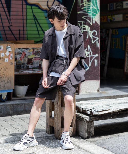 セットアップ シャツジャケット サコッシュバッグ 半袖 ハーフパンツ メンズ レディース ビッグシルエット ショート 半 短 ナイロン カジュアル ストリート ロッキーモンロー Rocky Monroe Magaseek