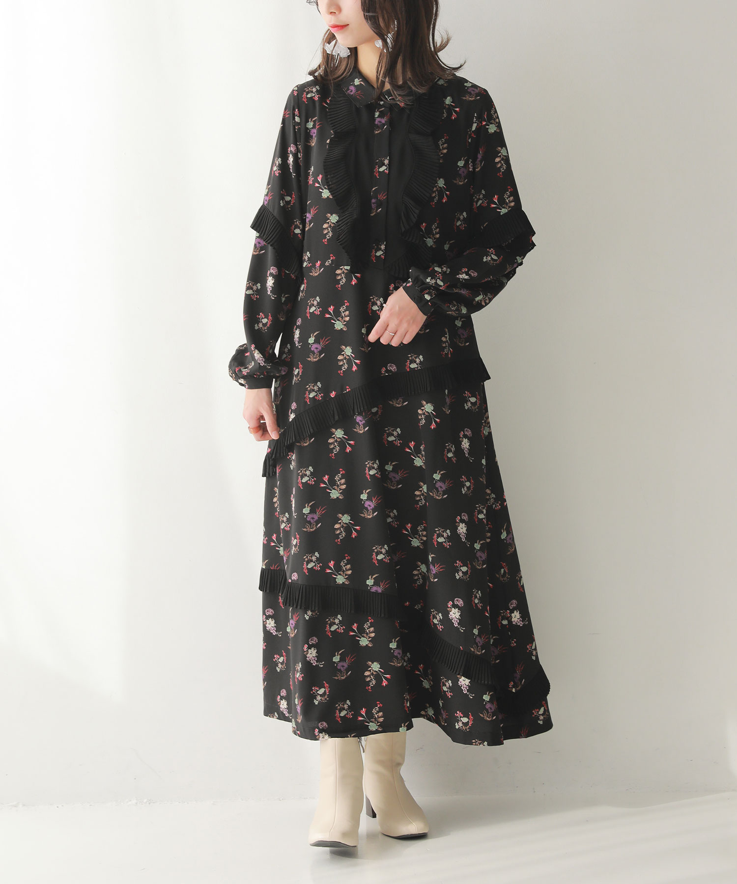 ラッフルプリーツ花柄ワンピース』(502943293) | オシャレウォーカー