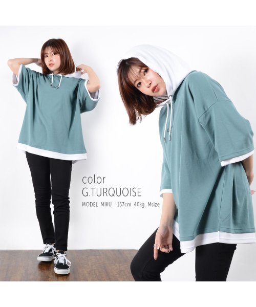 セール イラスト フェイクレイヤード Tパーカー パーカー 半袖 メンズ 半袖パーカー レディース Tシャツ フード 半袖 トップス ビッグシルエット パーカ 夏 ワンフォークロージング 1111clothing Magaseek