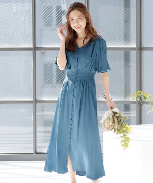 背面シャーリングリボンワンピース 結婚式 パーティードレス 結婚式