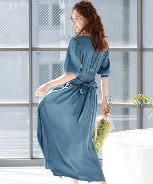 背面シャーリングリボンワンピース 結婚式 パーティードレス 結婚式