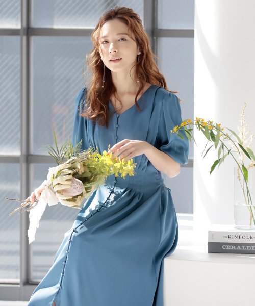 背面シャーリングリボンワンピース 結婚式 パーティードレス 結婚式