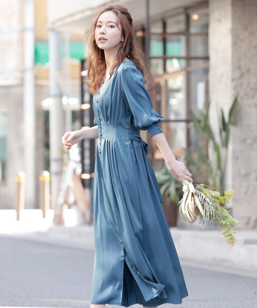 背面シャーリングリボンワンピース 結婚式 パーティードレス 結婚式