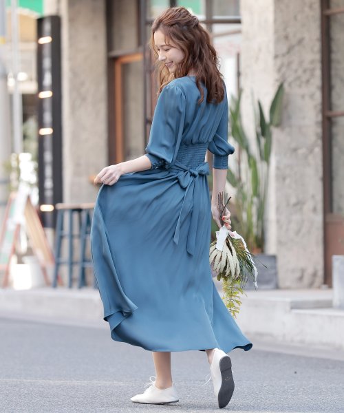 背面シャーリングリボンワンピース 結婚式 パーティードレス 結婚式