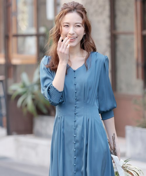 背面シャーリングリボンワンピース 結婚式 パーティードレス 結婚式