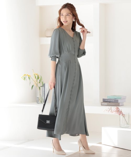 背面シャーリングリボンワンピース 結婚式 パーティードレス 結婚式