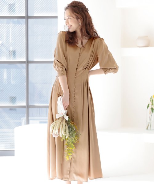 背面シャーリングリボンワンピース 結婚式 パーティードレス 結婚式