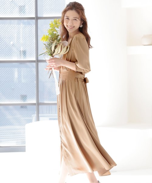 背面シャーリングリボンワンピース 結婚式 パーティードレス 結婚式