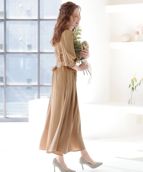 背面シャーリングリボンワンピース 結婚式 パーティードレス 結婚式