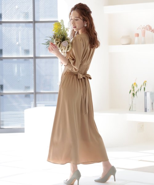 背面シャーリングリボンワンピース 結婚式 パーティードレス 結婚式