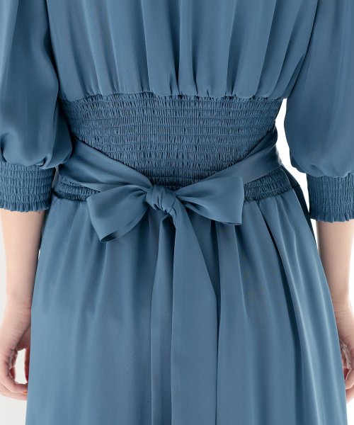 背面シャーリングリボンワンピース 結婚式 パーティードレス 結婚式