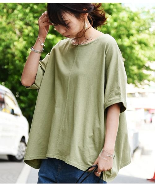 セール カットソー レディース 半袖 ｕvカットフロント切替ワイドカットソー M L トップス 春夏 オフホワイト 白 モカ ブラック 黒 カーキ ワイド ゆったり 楽 アンドイット And It Magaseek