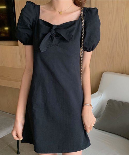 セール 韓国ファッション 夏新作 ミニワンピース リボン 半袖 Vネック 夏 サマー Aラインワンピース 無地 結婚式 ドレス ショッピングゴー Shoppinggo Magaseek