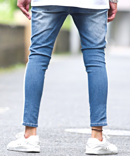 セール サイドラインスキニーアンクルデニムパンツ デニムパンツ メンズ スキニー サイドライン カットデニム アンクル丈 ラグスタイル Luxstyle Magaseek