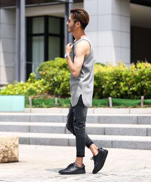 ワッフルロングタンク タンクトップ メンズ タンク インナー ノースリーブ カットソー レイヤード 重ね着 トップス クルーネック ロング丈 ジギーズショップ Jiggys Shop Magaseek