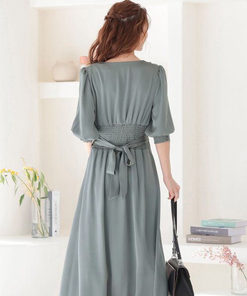 結婚式 ワンピース パーティードレス 無地 サテン リボン フロントボタン 前開き パフスリーブ パワーショルダー S M ウエストゴム 袖あり オケージョン ニアナ Niana Magaseek