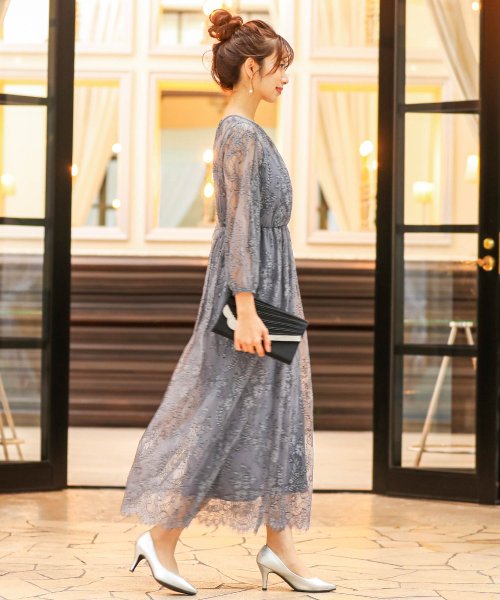 結婚式 ワンピース パーティードレス 総レース シアー 透け感 ロング 袖あり 春 夏 秋 冬 パーティドレス 二次会 2次会 レース成人式 同窓会 体型カバー ニアナ Niana Magaseek
