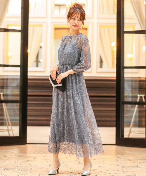 結婚式 ワンピース パーティードレス 総レース シアー 透け感 ロング 袖あり 春 夏 秋 冬 パーティドレス 二次会 2次会 レース成人式 同窓会 体型カバー ニアナ Niana Magaseek