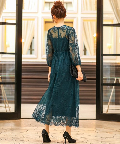 セール 結婚式 ワンピース パーティードレス 総レース シアー 透け感 ロング 袖あり 春 夏 秋 冬 パーティドレス 二次会 2次会 レース成人式 同窓会 体型カバー ニアナ Niana Magaseek