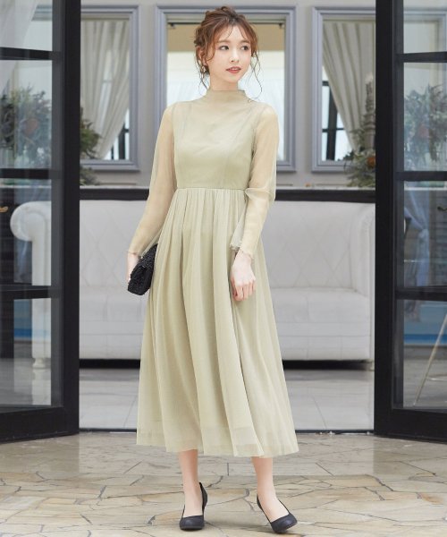 結婚式 ワンピース パーティードレス シアー 透け感 シースルー ラメ ハイネック メロウ バックボタン レイヤード S M L 体型カバー ミモレ丈 長袖 袖 ニアナ Niana Magaseek