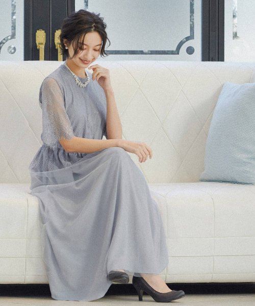 セール 10 Off 結婚式 ワンピース パーティードレス ロング 7分袖 5分袖 ハイネック チュール M L ウエストゴム シアー 透け感 ミモレ丈 フレア オケワンピ 披露宴 ニアナ Niana Magaseek