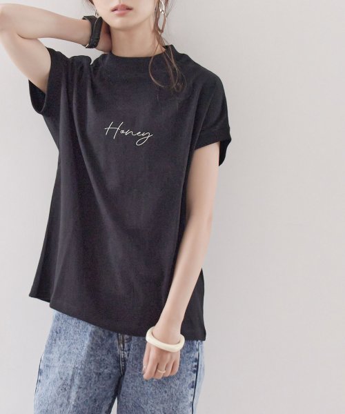 Fashion Letter(ファッションレター)/綿100％の肌馴染みと着心地のよさ。 コットンフレンチロゴtシャツ フレンチ袖 モックネック ヘビーウェイト さらさら 涼しい 二の腕 体型カバー 細見え レデ/img13