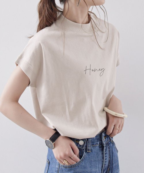 Fashion Letter(ファッションレター)/綿100％の肌馴染みと着心地のよさ。 コットンフレンチロゴtシャツ フレンチ袖 モックネック ヘビーウェイト さらさら 涼しい 二の腕 体型カバー 細見え レデ/img17