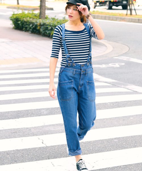 デニムサロペット サスペンダー付 デニムパンツ 大きいサイズ オーバーオール オールインワン 春服 春物 ゆったりジーンズ ストレートデニム 10オンス レディ ファッションレター Fashion Letter Magaseek