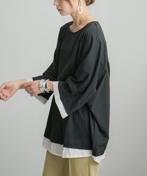 Fashion Letter(ファッションレター)/これ1枚着るだけで出せる洒落感。 レイヤードカットソー Tシャツ レディース カットソー ビッグシルエット 大きいサイズ M－L LL－3L 4L－5L ゆった/img02