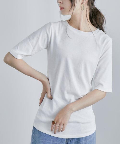 Fashion Letter(ファッションレター)/[M－4L]快適な着心地を実現。コットン100% 半袖 カットソー レディース Tシャツ インナー トップス 5分袖 シンプル 無地 色違い 伸びる 伸縮性 綿/img01
