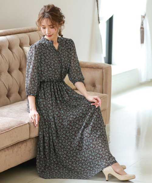 セール 5 Off 結婚式 お呼ばれ ワンピース パーティードレス 花柄 カジュアル シンプル フラワー 7分袖 ブラウス シフォン 袖あり 体型カバー ミモレ丈 袖あり オケージ ニアナ Niana Magaseek
