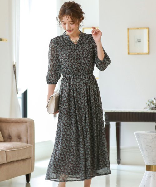 セール 5 Off 結婚式 お呼ばれ ワンピース パーティードレス 花柄 カジュアル シンプル フラワー 7分袖 ブラウス シフォン 袖あり 体型カバー ミモレ丈 袖あり オケージ ニアナ Niana Magaseek