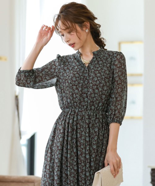 セール 5 Off 結婚式 お呼ばれ ワンピース パーティードレス 花柄 カジュアル シンプル フラワー 7分袖 ブラウス シフォン 袖あり 体型カバー ミモレ丈 袖あり オケージ ニアナ Niana Magaseek