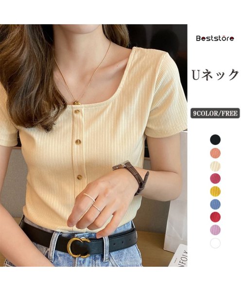 Beststore(ベストストア)/UネックTシャツ クルーネックＴシャツショート丈Ｔシャツ ショート丈 ベーシック カットソー レディース半袖夏ｔシャツ大人気可愛いＴシャツシンプルｔシャツ レデ/img01