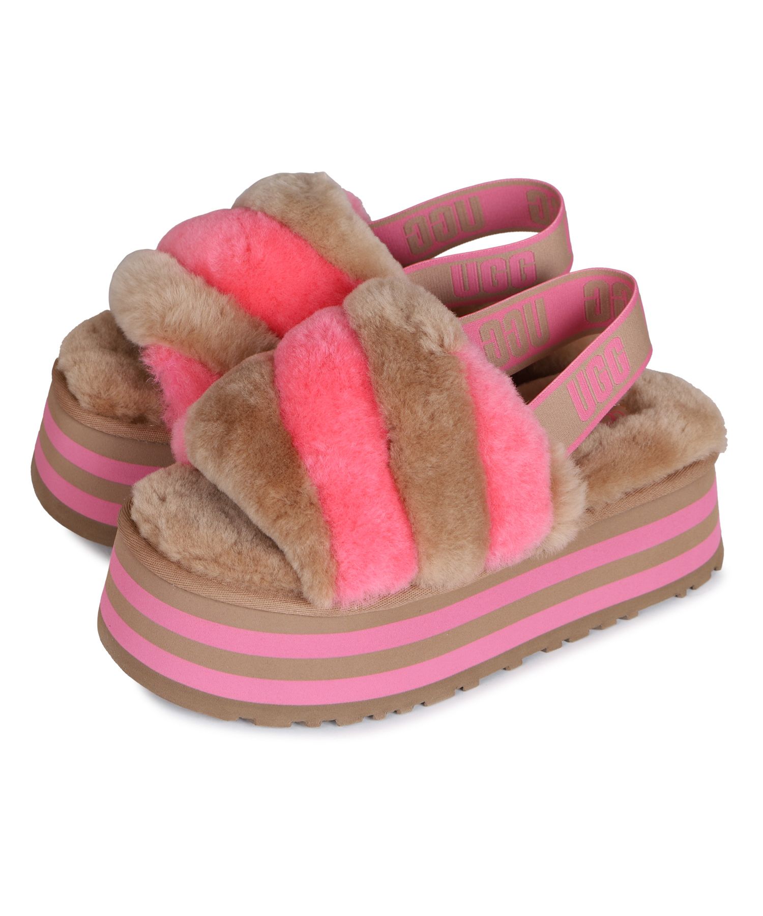 W DISCO STRIPE UGGの厚底ファーサンダル SLIDE