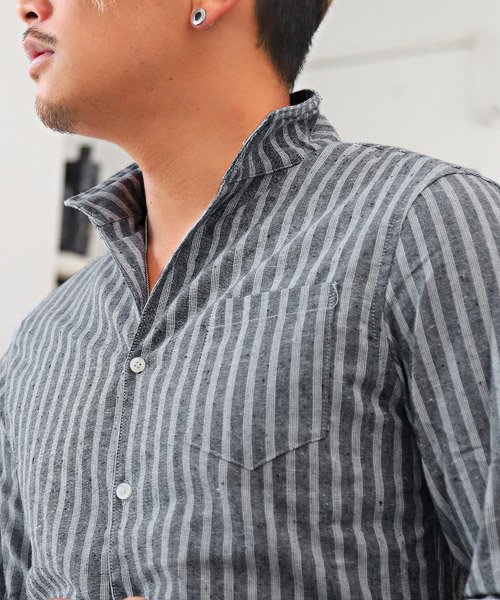 セール イタリアンカラー長袖リネンストライプシャツ イタリアンカラー シャツ メンズ 長袖 綿麻 リネン ストライプ柄 ラグスタイル Luxstyle Magaseek