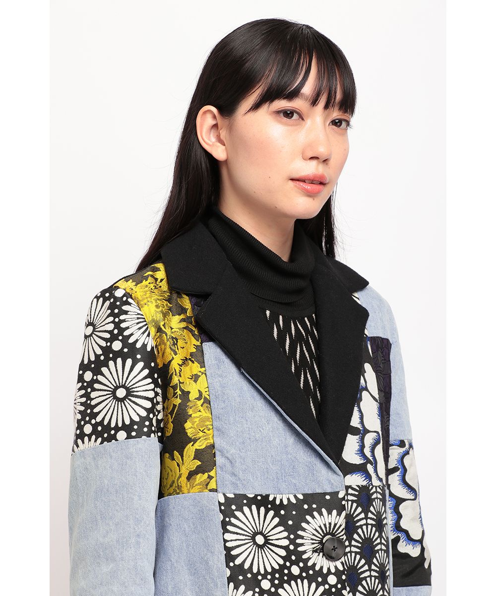 出色 デシグアル ショールカラーパッチワーク風切替えオーバーコート