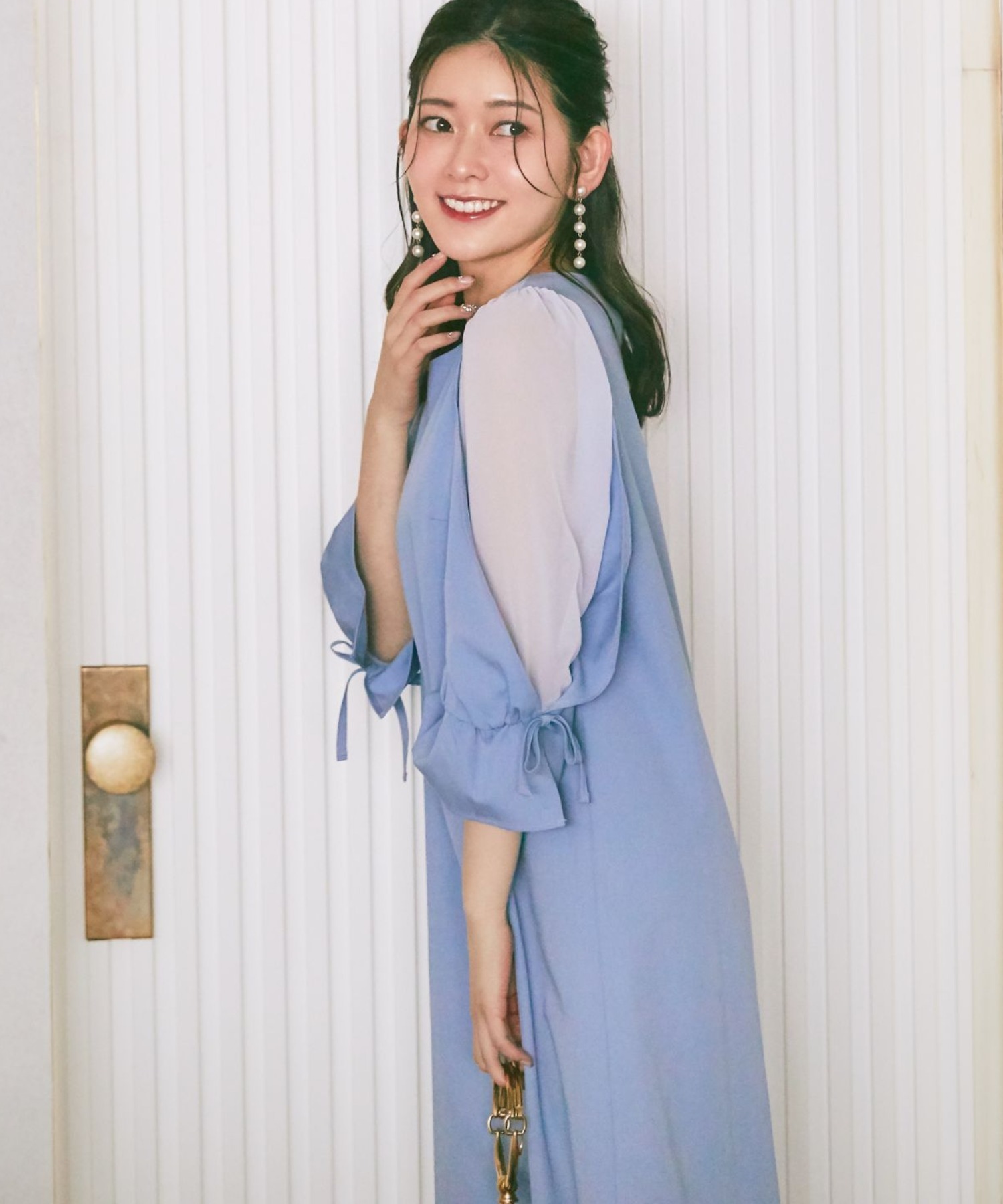 袖口りぼん付きシフォンスリーブ切り替えワンピース 袖口りぼん付きシフォンスリーブ切り替えワンピース