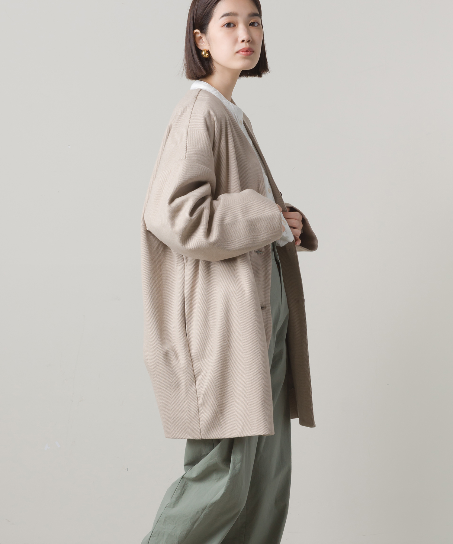 OMNES】フェイクウールヘリンボーンコクーンシルエットコート