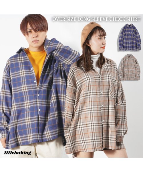 1111clothing(ワンフォークロージング)/タータンチェック ビッグシルエット シャツ メンズ チェックシャツ レディース ◆オーバーサイズ 長袖 チェックシャツ◆ 長袖シャツ ベージュ ブルー チェック/img13